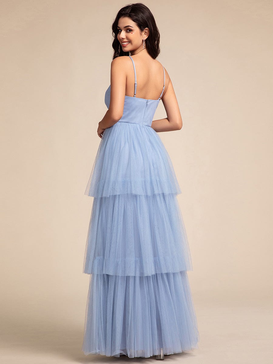 Spaghetti Strap Tiered Tulle Maxi Bridesmaid Dress with Pleats #color_Light Blue