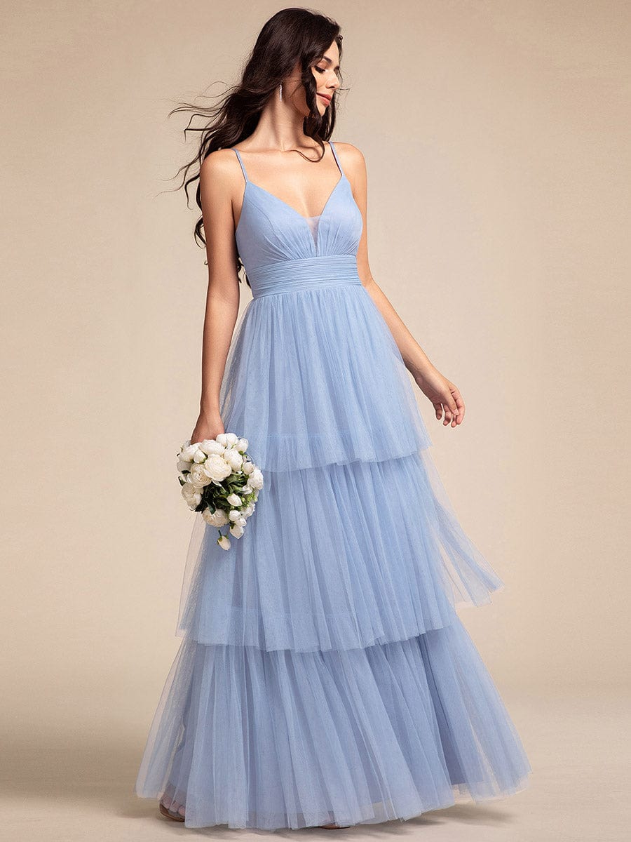 Spaghetti Strap Tiered Tulle Maxi Bridesmaid Dress with Pleats #color_Light Blue