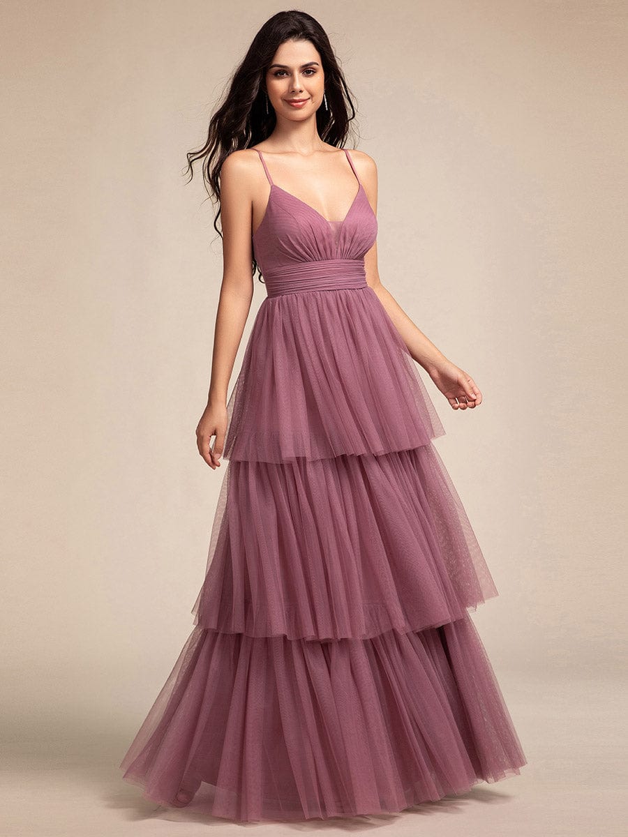 Spaghetti Strap Tiered Tulle Maxi Bridesmaid Dress with Pleats #color_Purple Orchid