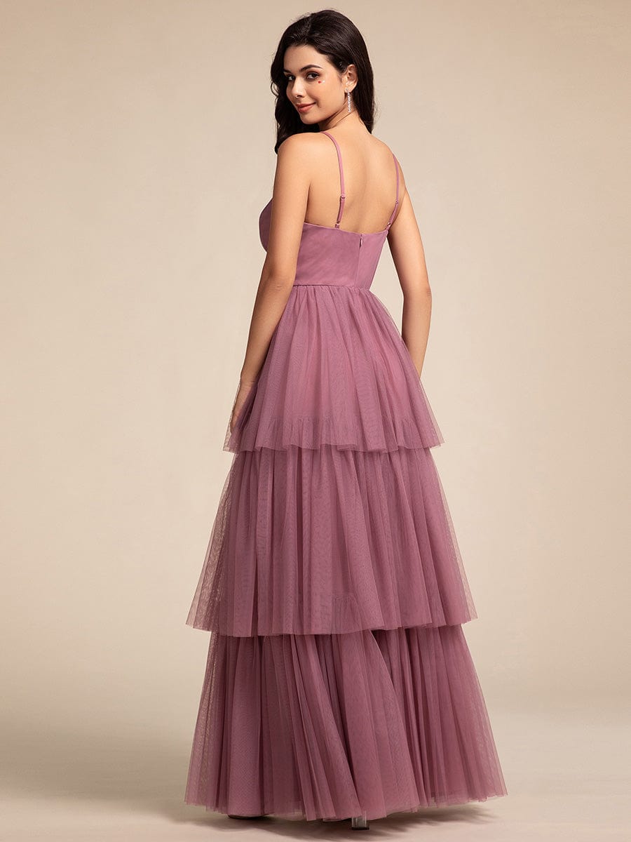 Spaghetti Strap Tiered Tulle Maxi Bridesmaid Dress with Pleats #color_Purple Orchid