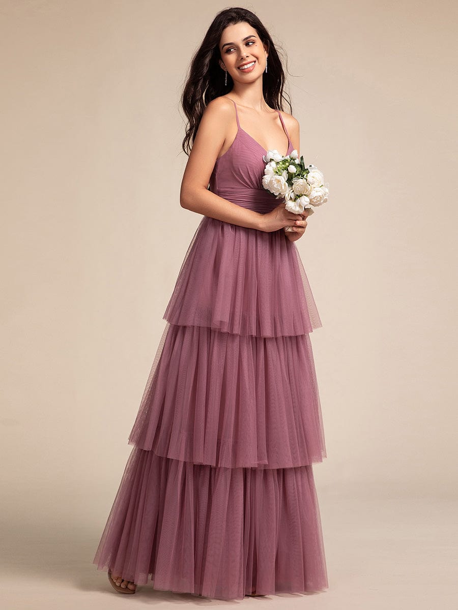 Spaghetti Strap Tiered Tulle Maxi Bridesmaid Dress with Pleats #color_Purple Orchid