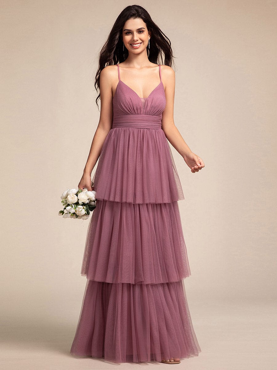 Spaghetti Strap Tiered Tulle Maxi Bridesmaid Dress with Pleats #color_Purple Orchid