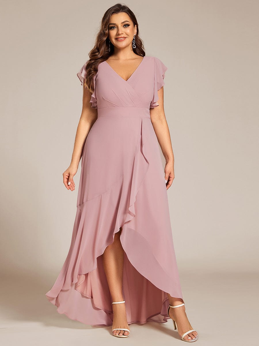 Elegant Ruffled Chiffon High-Low Bridesmaid Dress with Backless Design #color_Dusty Rose