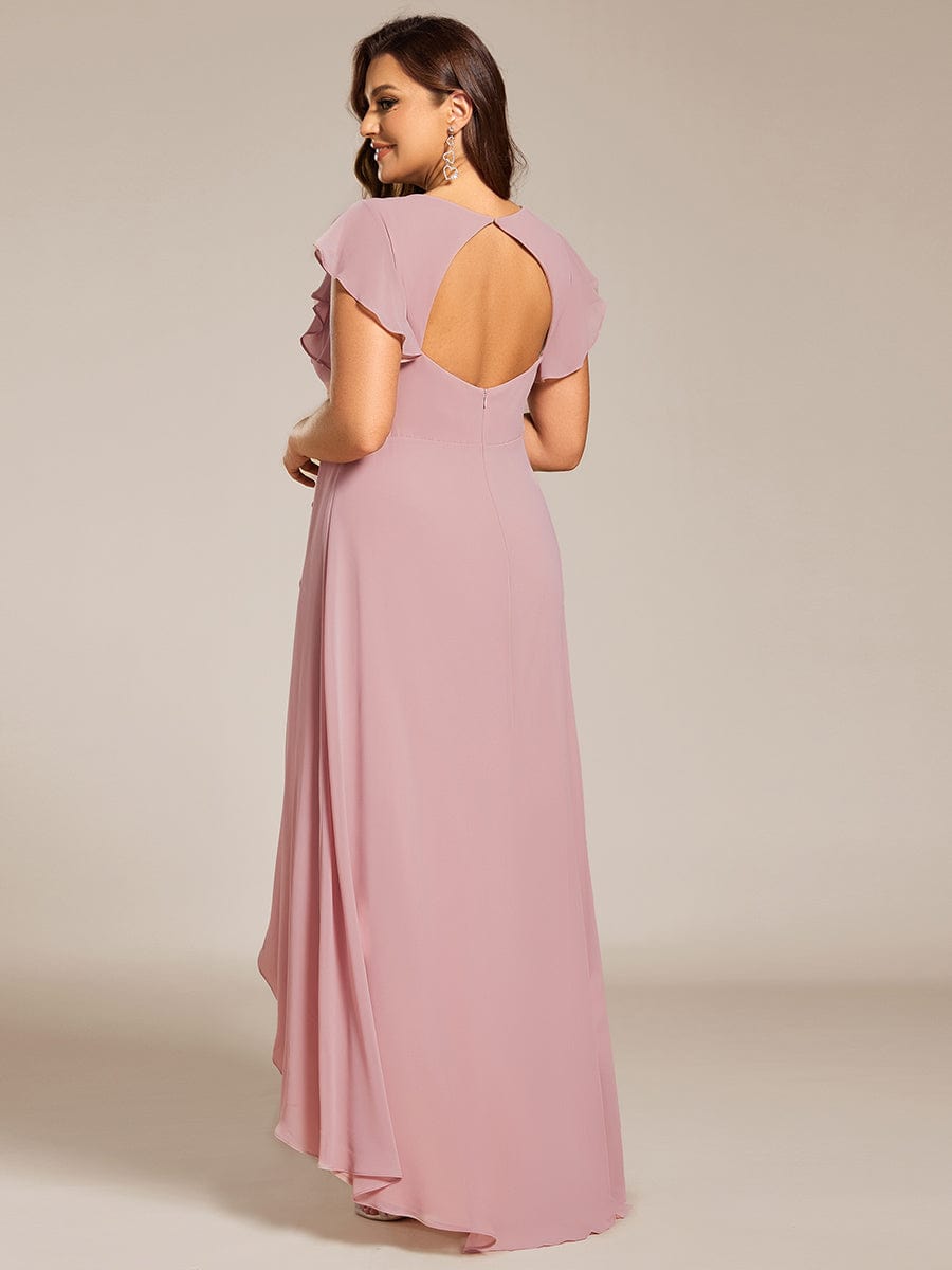 Elegant Ruffled Chiffon High-Low Bridesmaid Dress with Backless Design #color_Dusty Rose