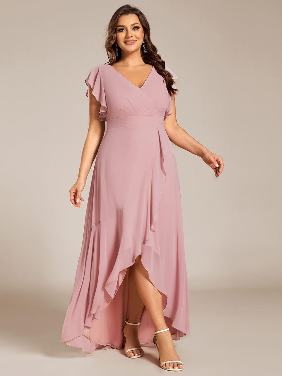 Plus Size Ruffled Chiffon High-Low Bridesmaid Dress with Backless Design #color_Dusty Rose