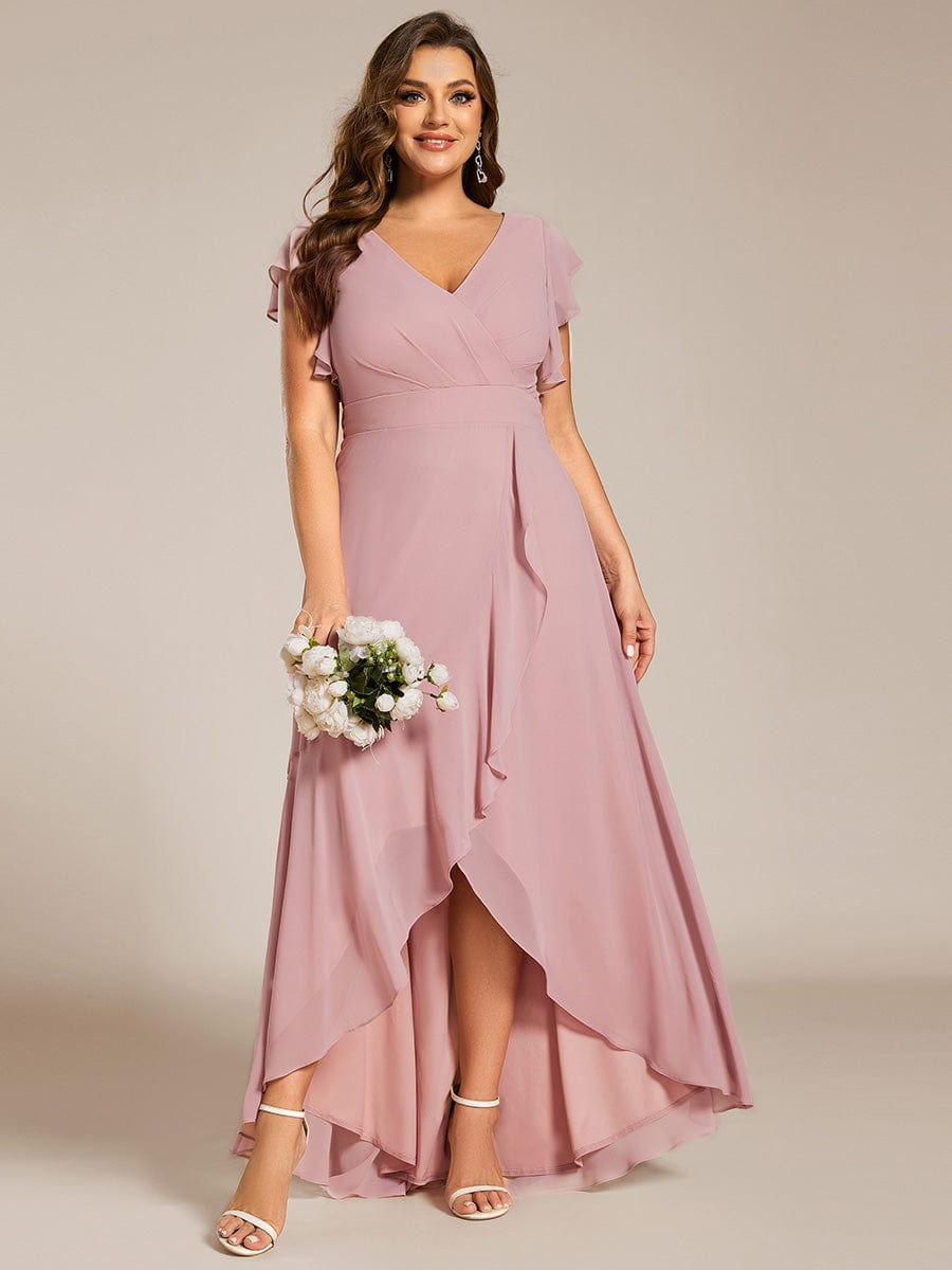 Plus Size Ruffled Chiffon High-Low Bridesmaid Dress with Backless Design #color_Dusty Rose