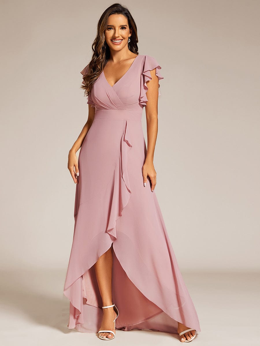 Elegant Ruffled Chiffon High-Low Bridesmaid Dress with Backless Design #color_Dusty Rose