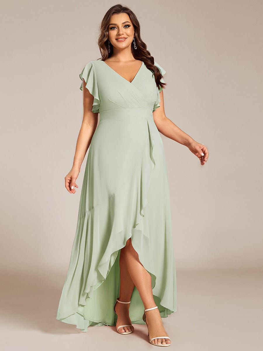 Elegant Ruffled Chiffon High-Low Bridesmaid Dress with Backless Design #color_Mint Green