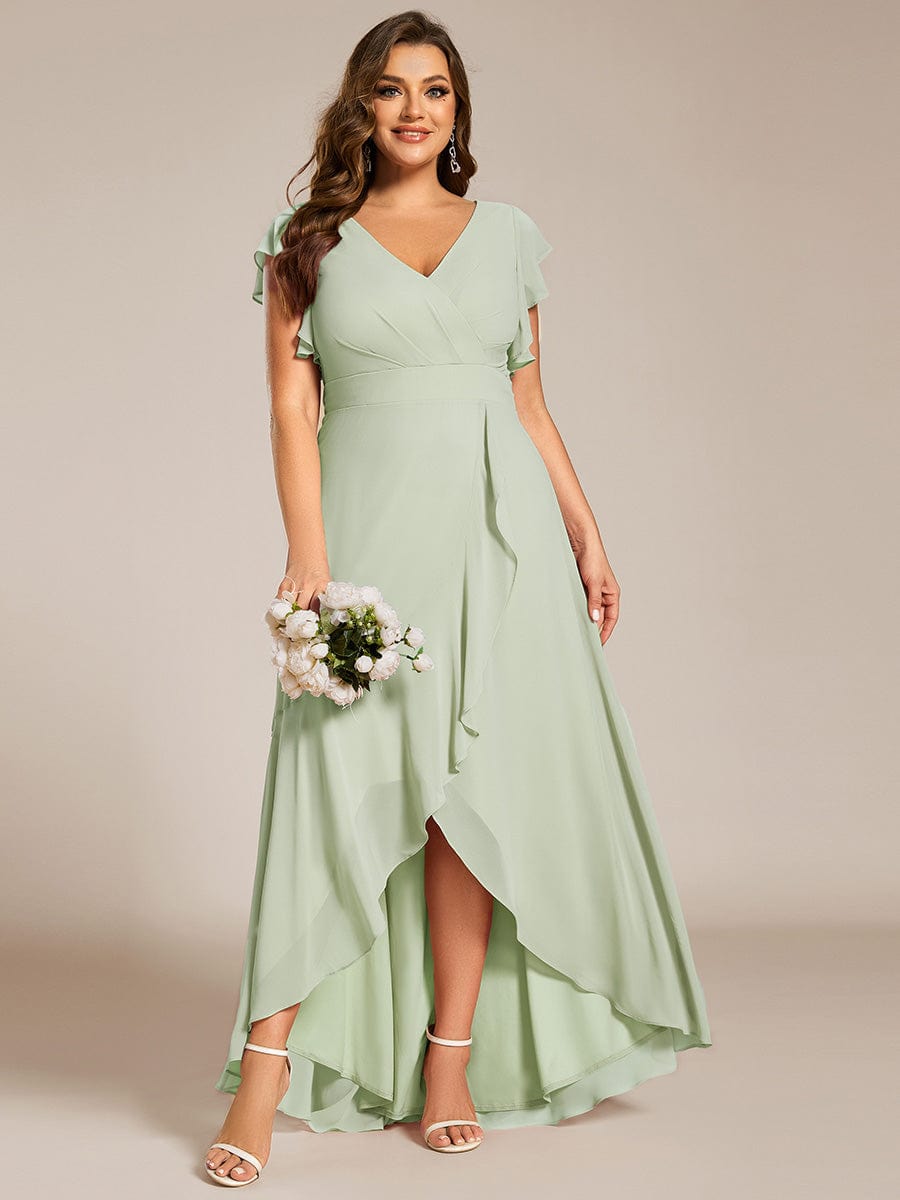 Elegant Ruffled Chiffon High-Low Bridesmaid Dress with Backless Design #color_Mint Green