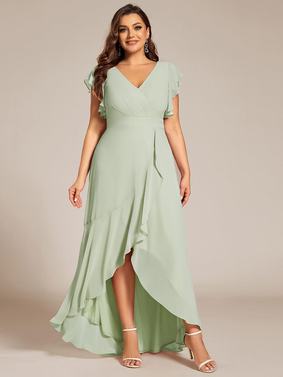 Plus Size Ruffled Chiffon High-Low Bridesmaid Dress with Backless Design #color_Mint Green