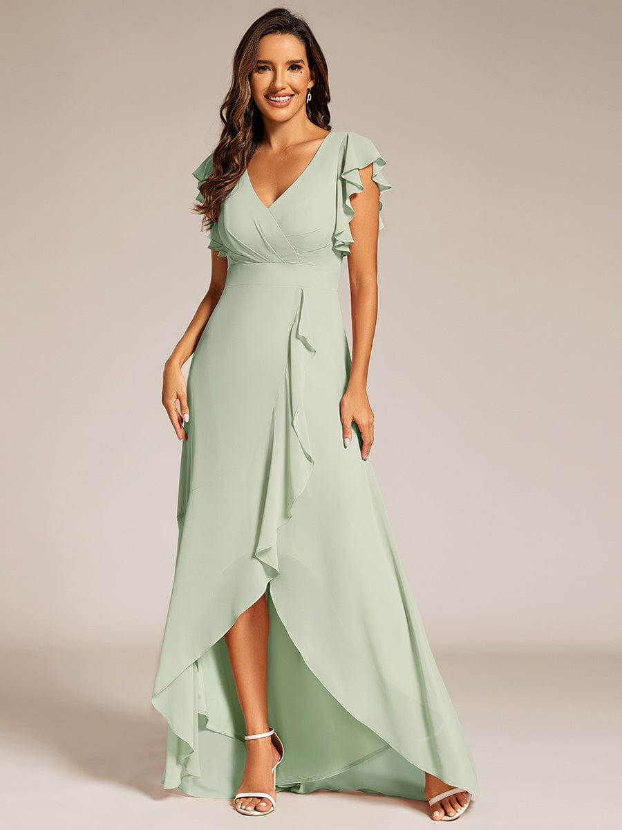 Elegant Ruffled Chiffon High-Low Bridesmaid Dress with Backless Design #color_Mint Green