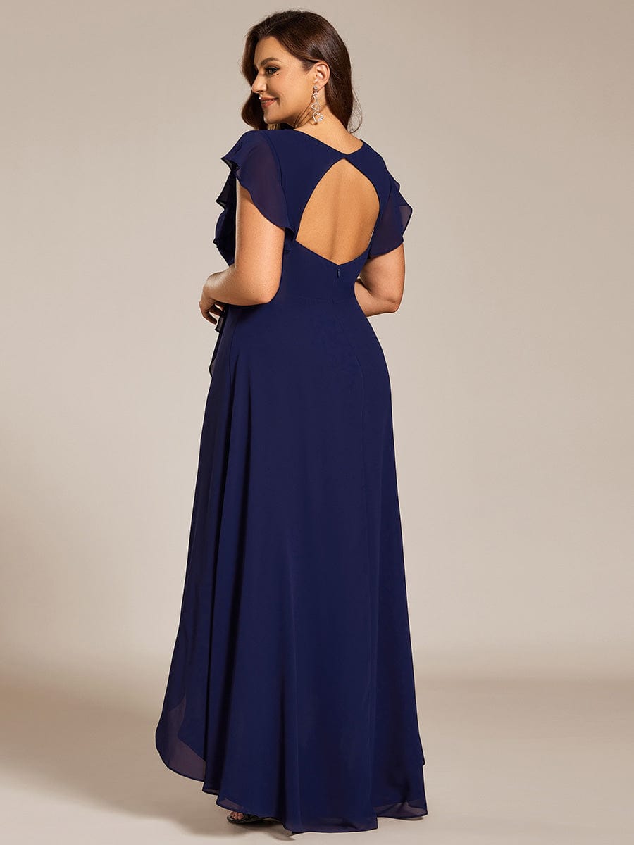 Elegant Ruffled Chiffon High-Low Bridesmaid Dress with Backless Design #color_Navy Blue