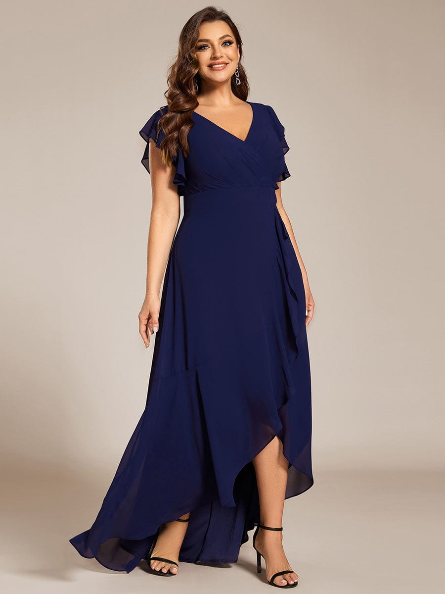 Plus Size Ruffled Chiffon High-Low Bridesmaid Dress with Backless Design #color_Navy Blue