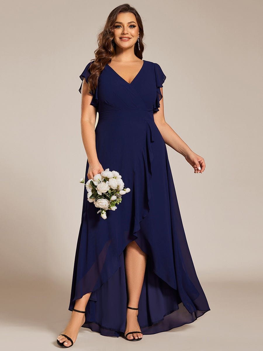 Plus Size Ruffled Chiffon High-Low Bridesmaid Dress with Backless Design #color_Navy Blue