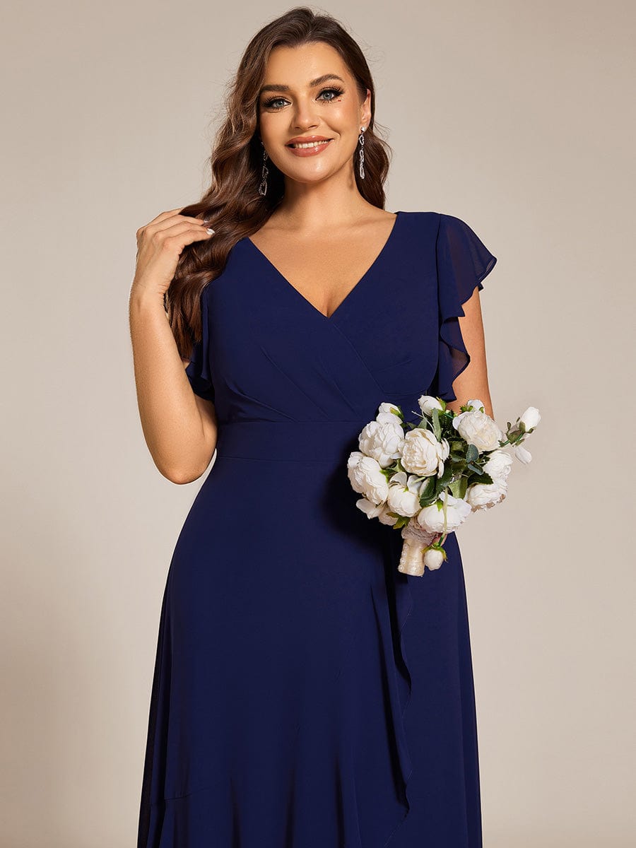 Elegant Ruffled Chiffon High-Low Bridesmaid Dress with Backless Design #color_Navy Blue