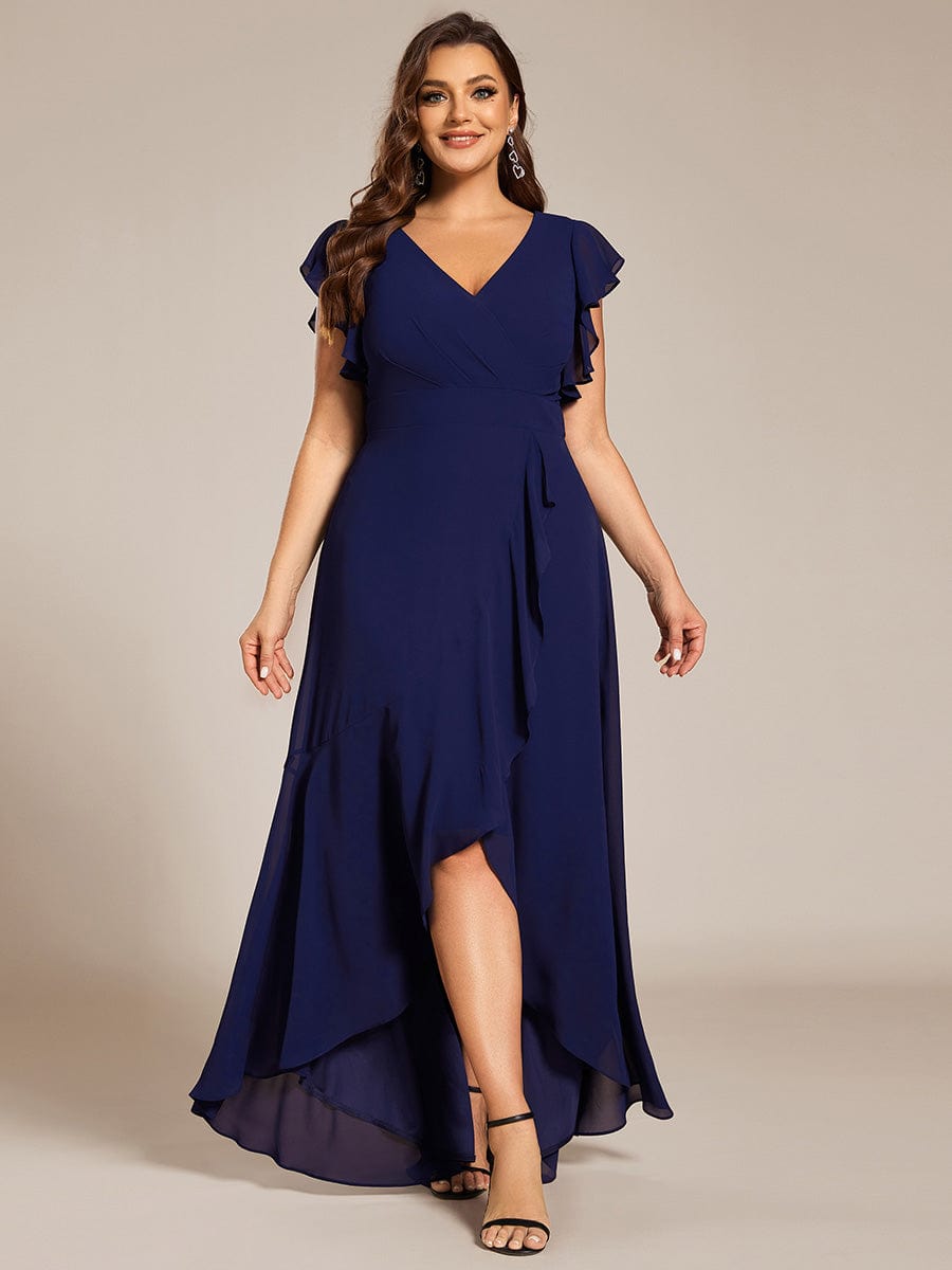 Plus Size Ruffled Chiffon High-Low Bridesmaid Dress with Backless Design #color_Navy Blue