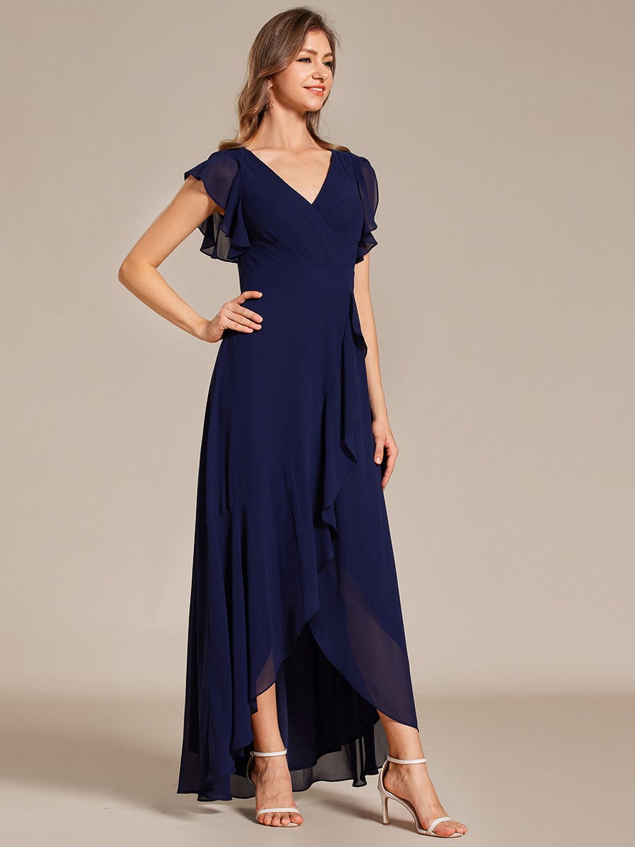 Elegant Ruffled Chiffon High-Low Bridesmaid Dress with Backless Design #color_Navy Blue