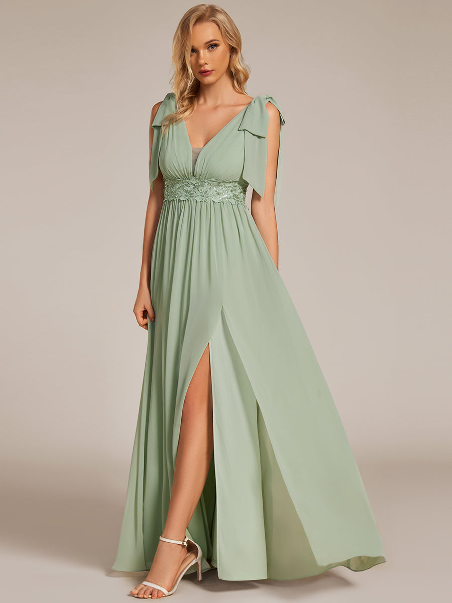 V-neck Empire Waist Chiffon Maxi Bridesmaid Dress with Bow Straps & Side Slit #color_Mint Green