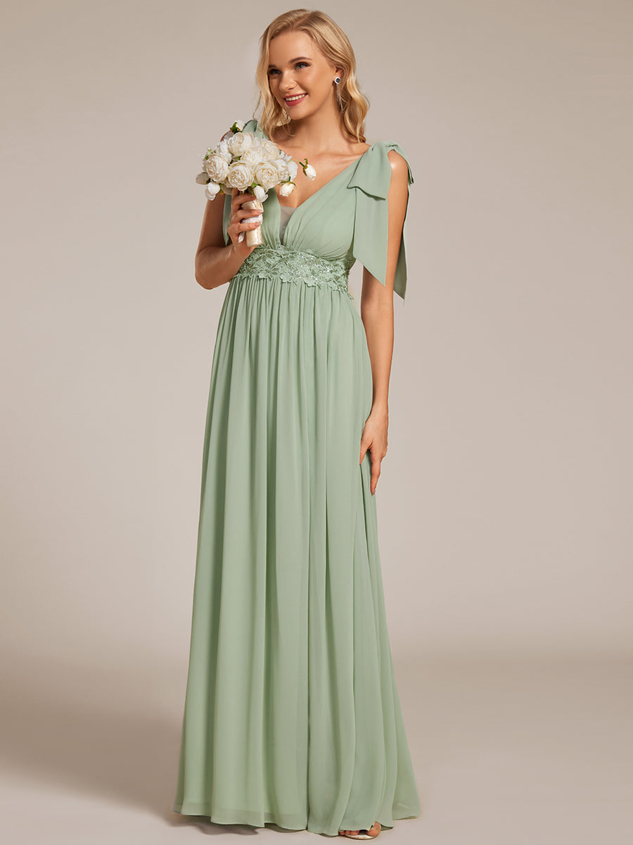 V-neck Empire Waist Chiffon Maxi Bridesmaid Dress with Bow Straps & Side Slit #color_Mint Green