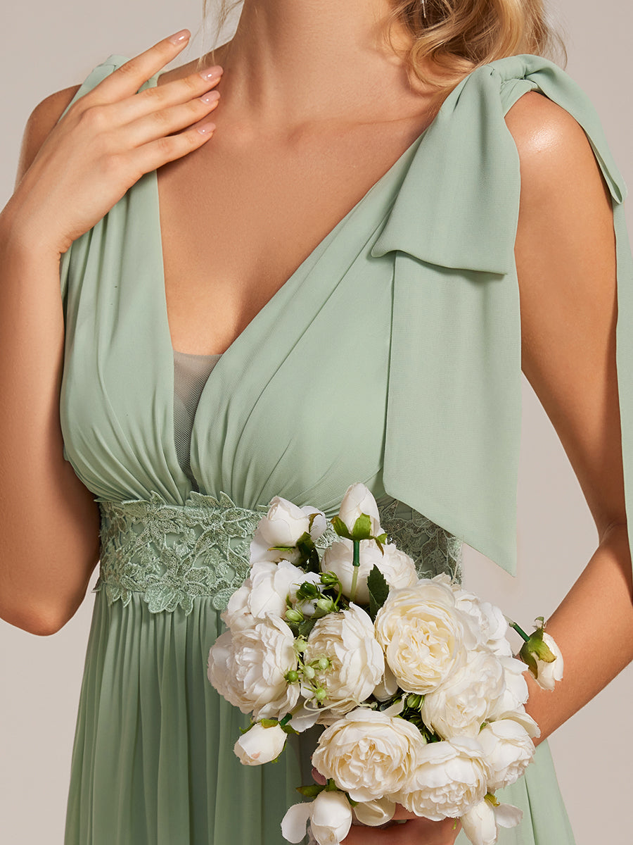 V-neck Empire Waist Chiffon Maxi Bridesmaid Dress with Bow Straps & Side Slit #color_Mint Green