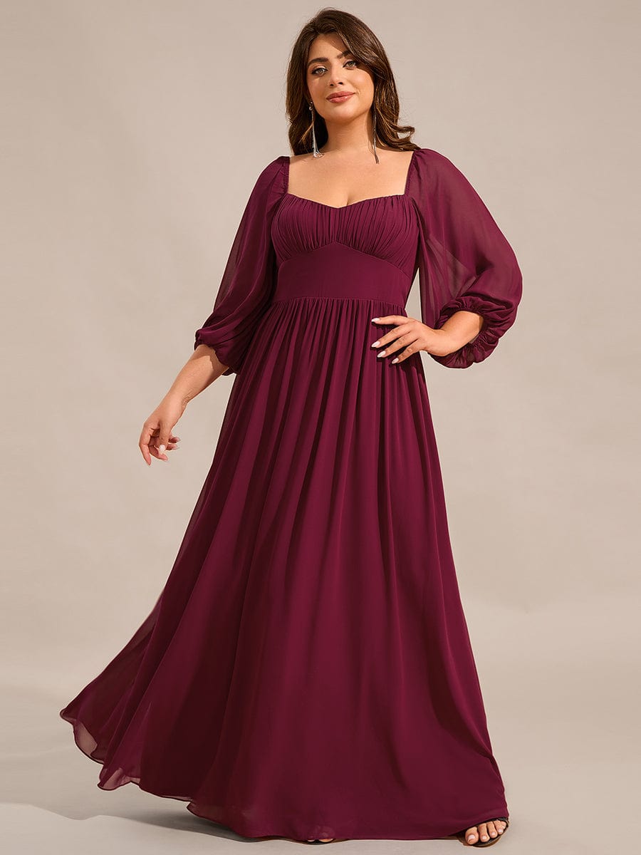 Sweetheart Neck Long Sleeve Pleated Chiffon Maxi Bridesmaid Dress #color_Burgundy