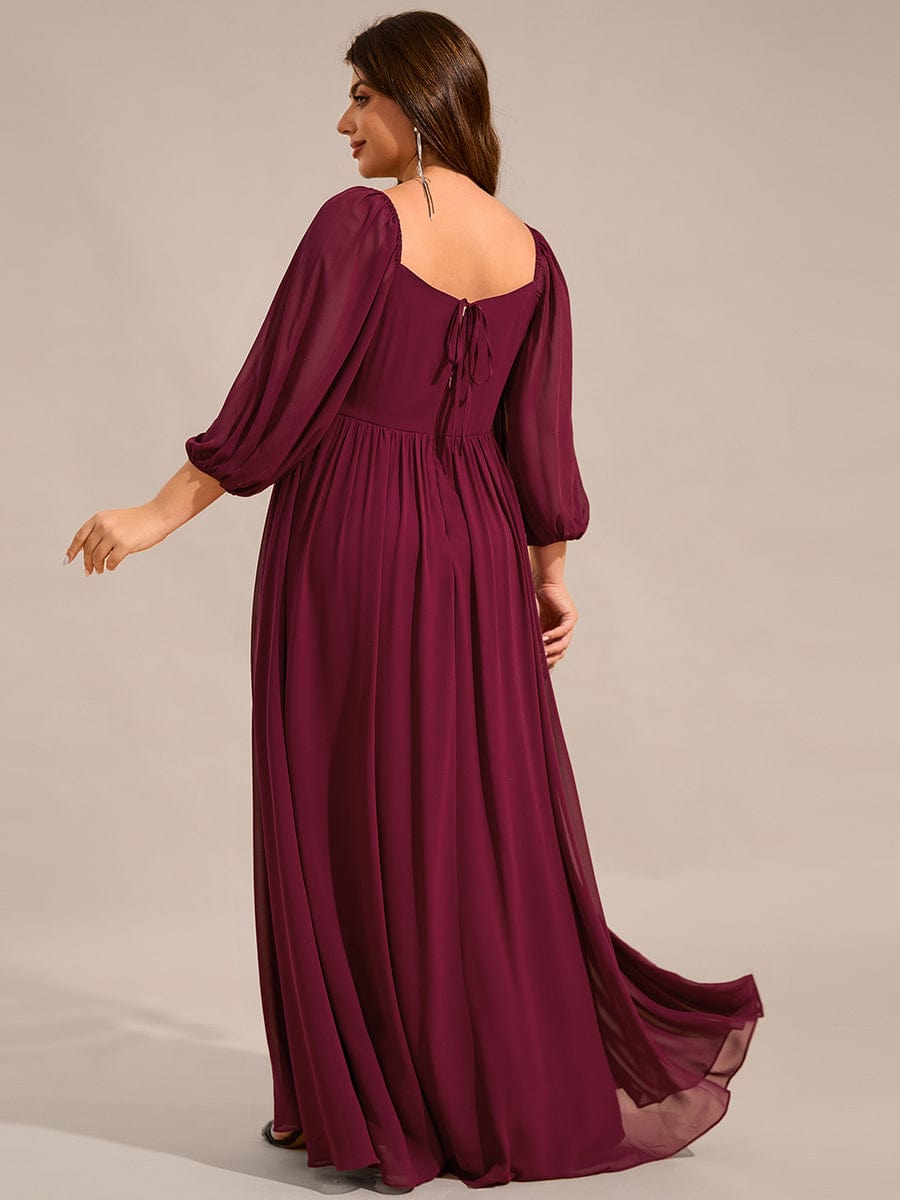 Sweetheart Neck Long Sleeve Pleated Chiffon Maxi Bridesmaid Dress #color_Burgundy