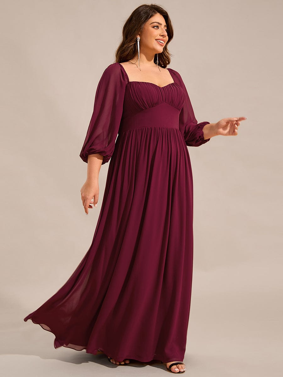 Sweetheart Neck Long Sleeve Pleated Chiffon Maxi Bridesmaid Dress #color_Burgundy