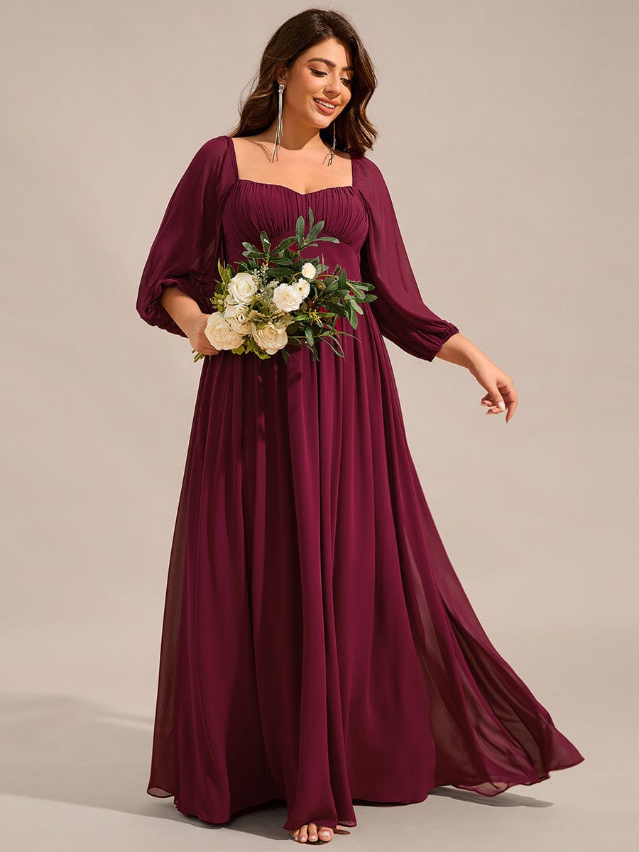 Sweetheart Neck Long Sleeve Pleated Chiffon Maxi Bridesmaid Dress #color_Burgundy