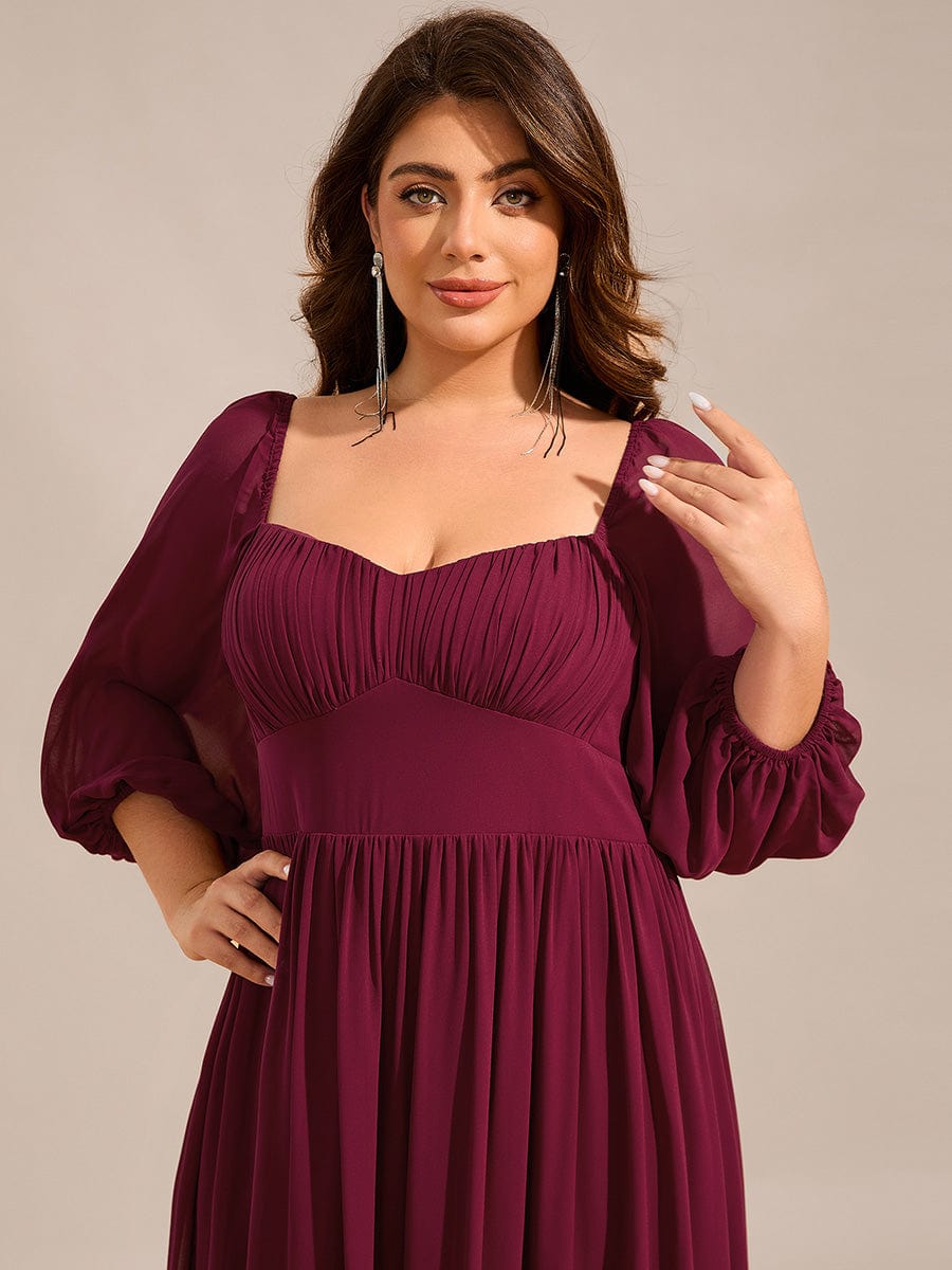 Sweetheart Neck Long Sleeve Pleated Chiffon Maxi Bridesmaid Dress #color_Burgundy