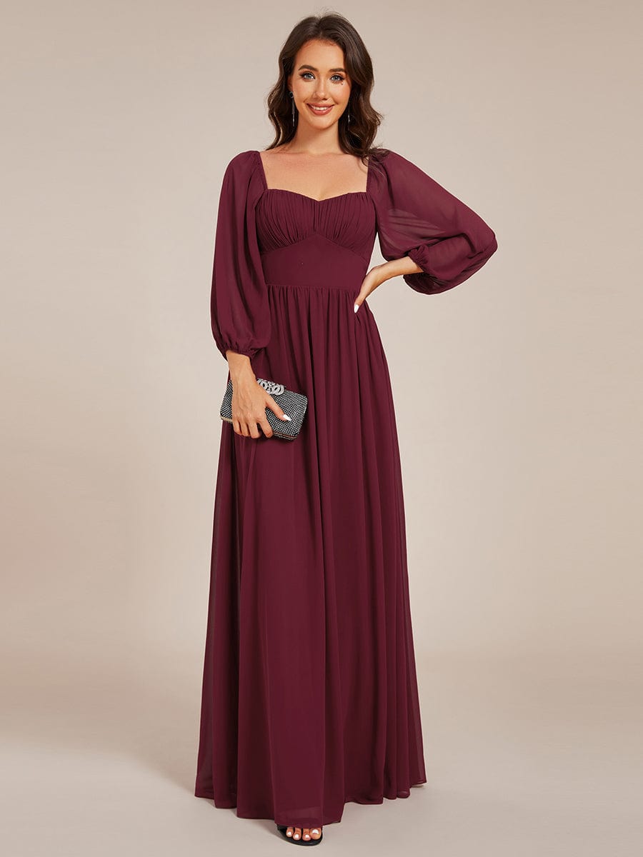 Sweetheart Neck Long Sleeve Pleated Chiffon Maxi Bridesmaid Dress #color_Burgundy