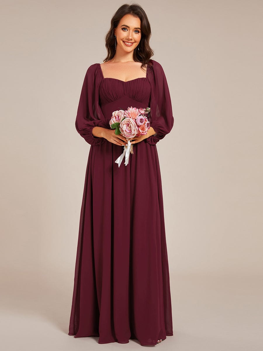 Sweetheart Neck Long Sleeve Pleated Chiffon Maxi Bridesmaid Dress #color_Burgundy