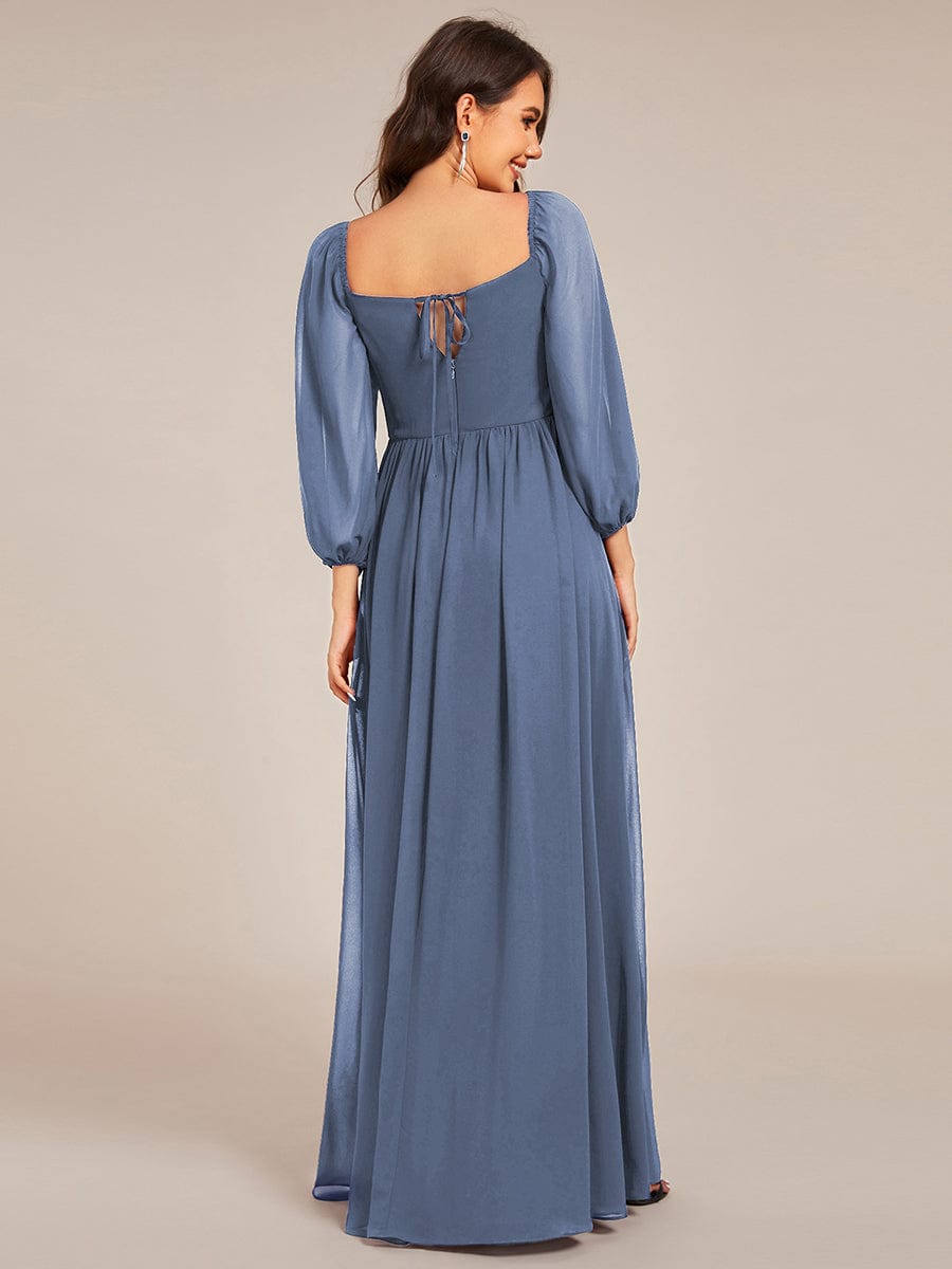 Sweetheart Neck Long Sleeve Pleated Chiffon Maxi Bridesmaid Dress #color_Dusty Blue