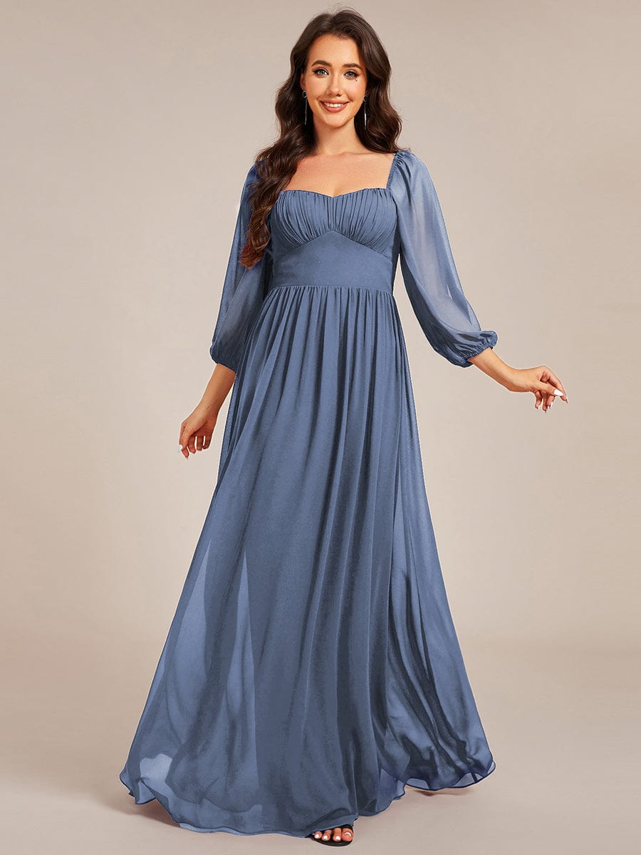 Sweetheart Neck Long Sleeve Pleated Chiffon Maxi Bridesmaid Dress #color_Dusty Blue