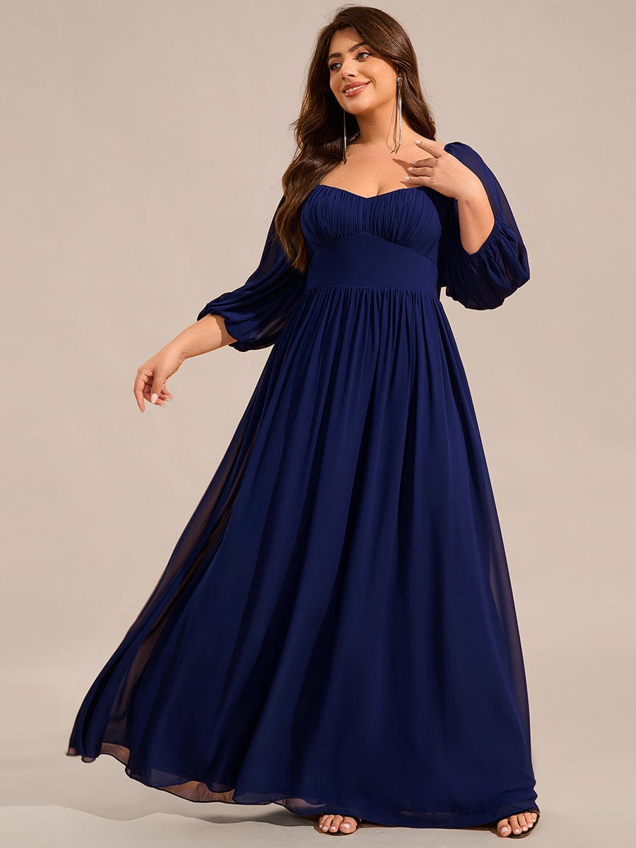 Sweetheart Neck Long Sleeve Pleated Chiffon Maxi Bridesmaid Dress #color_Navy Blue