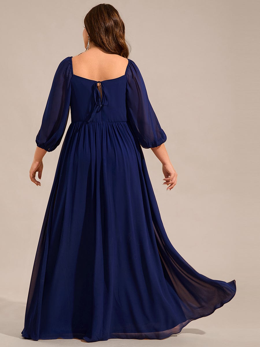 Sweetheart Neck Long Sleeve Pleated Chiffon Maxi Bridesmaid Dress #color_Navy Blue