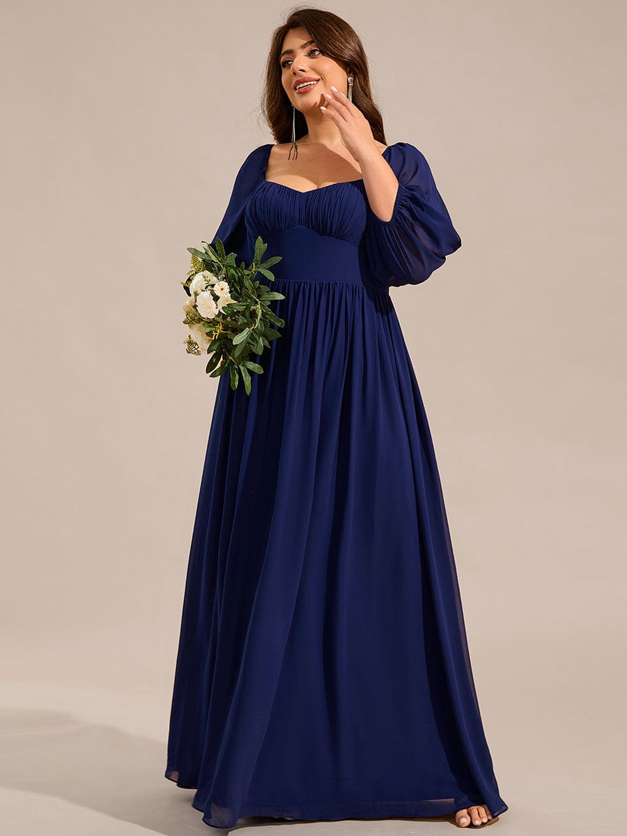 Sweetheart Neck Long Sleeve Pleated Chiffon Maxi Bridesmaid Dress #color_Navy Blue