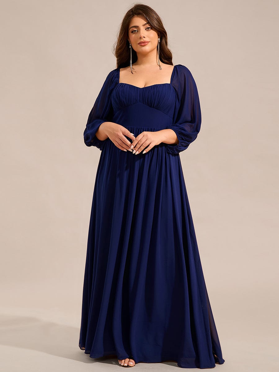 Sweetheart Neck Long Sleeve Pleated Chiffon Maxi Bridesmaid Dress #color_Navy Blue