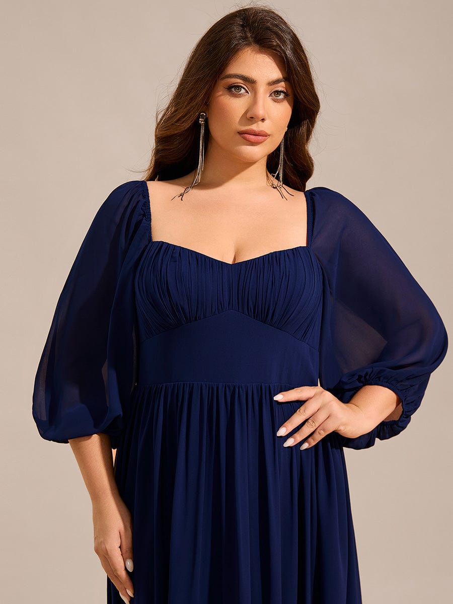 Sweetheart Neck Long Sleeve Pleated Chiffon Maxi Bridesmaid Dress #color_Navy Blue