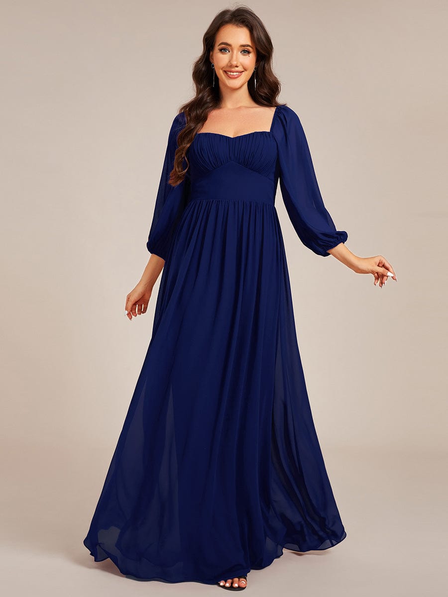 Sweetheart Neck Long Sleeve Pleated Chiffon Maxi Bridesmaid Dress #color_Navy Blue