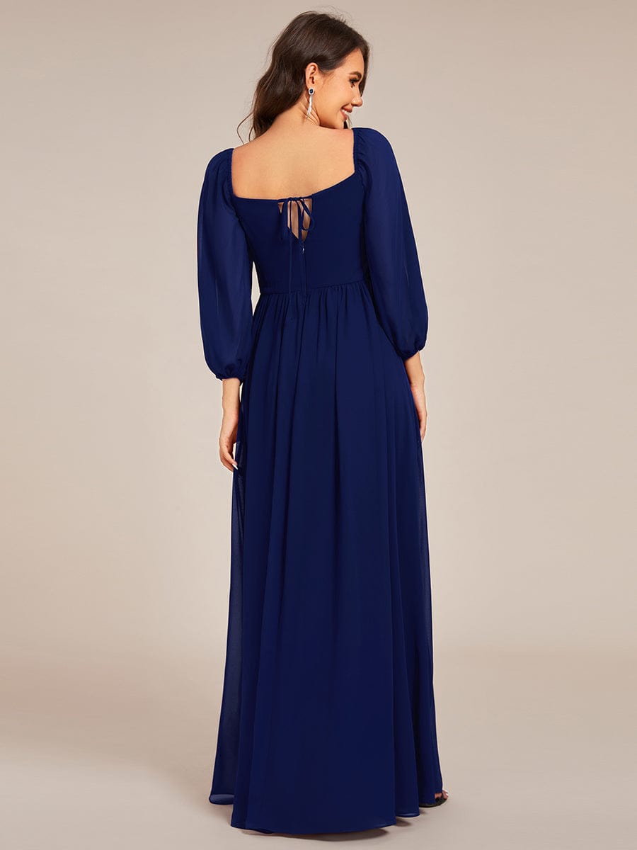 Sweetheart Neck Long Sleeve Pleated Chiffon Maxi Bridesmaid Dress #color_Navy Blue