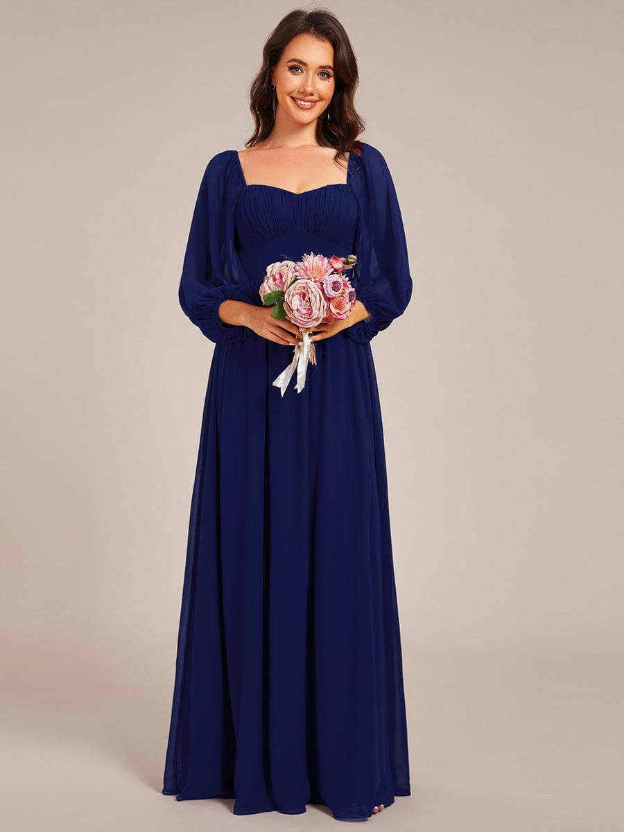 Sweetheart Neck Long Sleeve Pleated Chiffon Maxi Bridesmaid Dress #color_Navy Blue