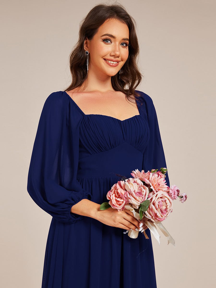 Sweetheart Neck Long Sleeve Pleated Chiffon Maxi Bridesmaid Dress #color_Navy Blue