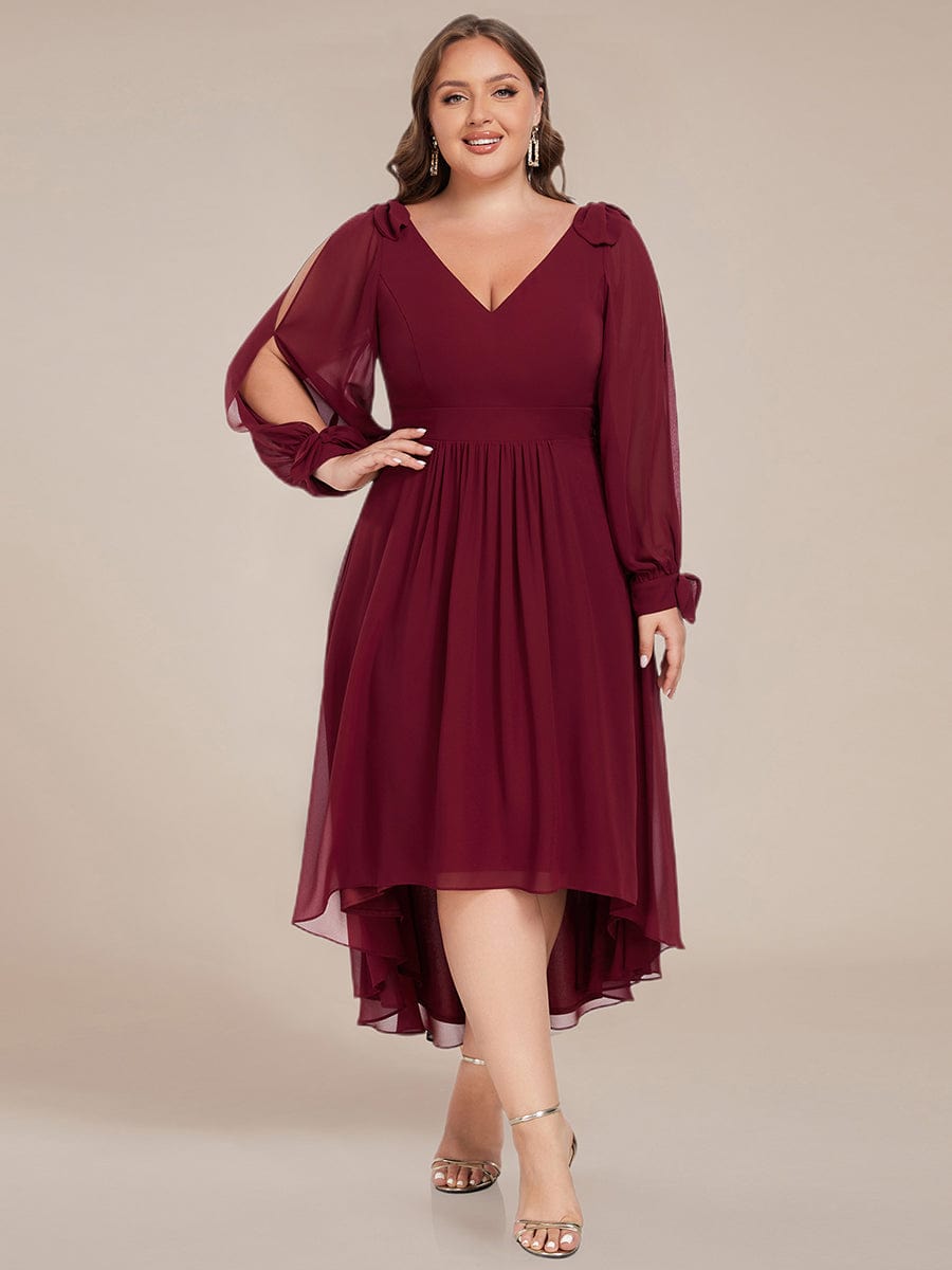 Long Sleeve V-Neck Midi Asymmetrical Hem Chiffon Bridesmaid Dress #color_Burgundy