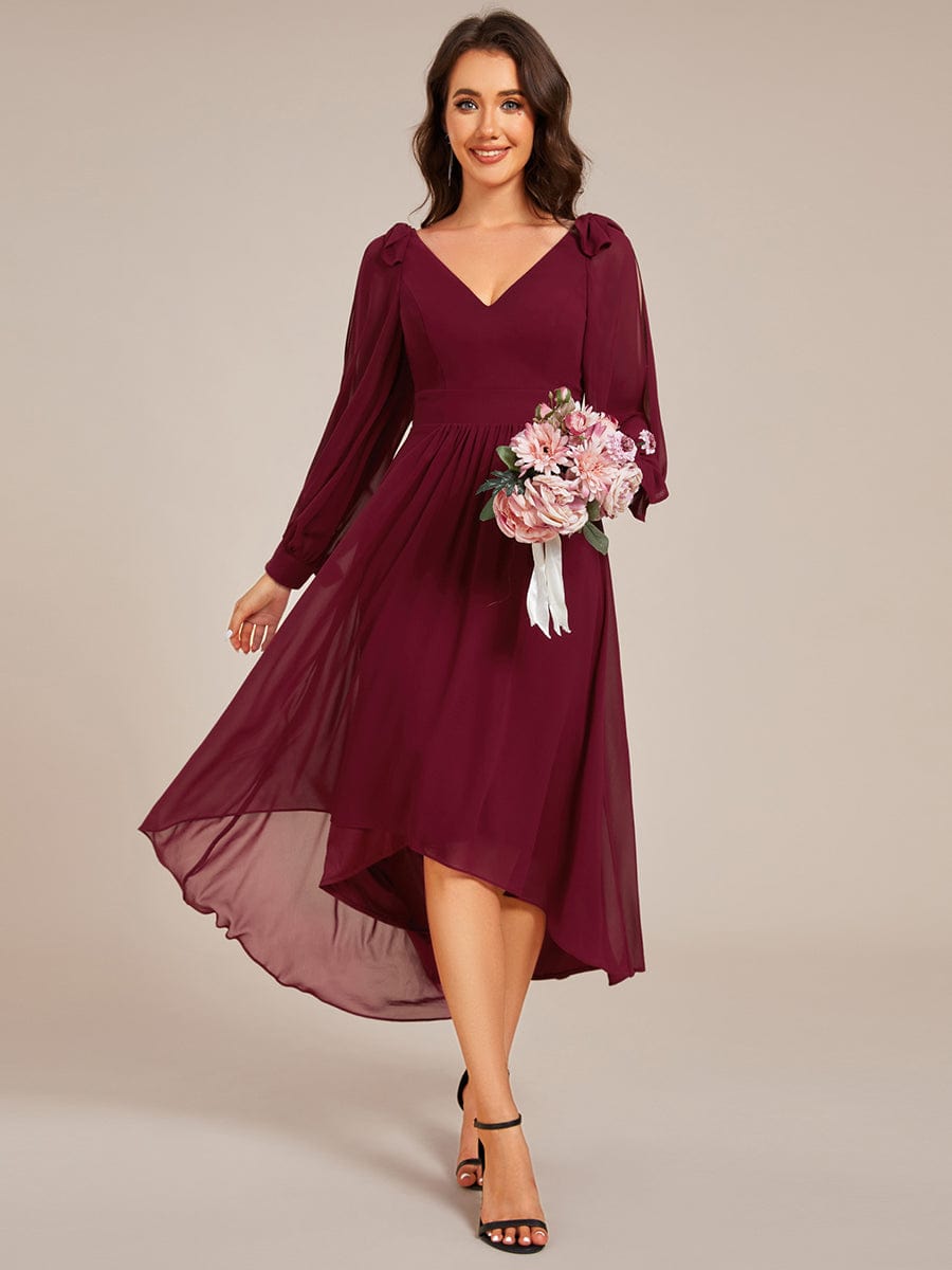 Long Sleeve V-Neck Midi Asymmetrical Hem Chiffon Bridesmaid Dress #color_Burgundy