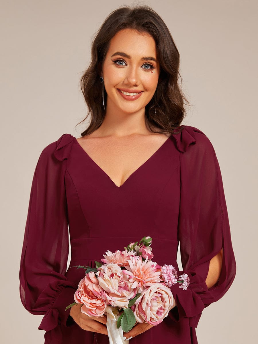 Long Sleeve V-Neck Midi Asymmetrical Hem Chiffon Bridesmaid Dress #color_Burgundy