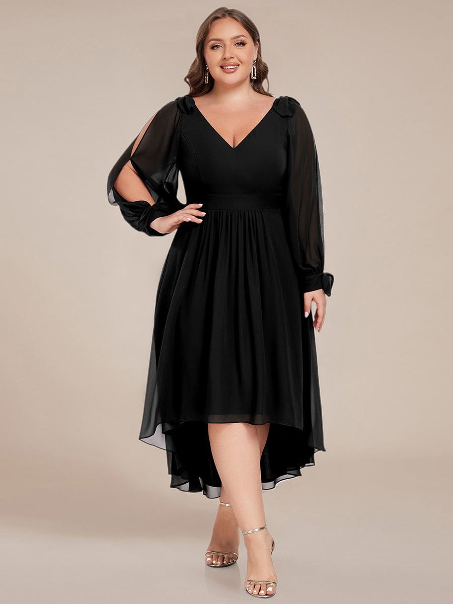 Long Sleeve V-Neck Midi Asymmetrical Hem Chiffon Dress in Black #color_Black