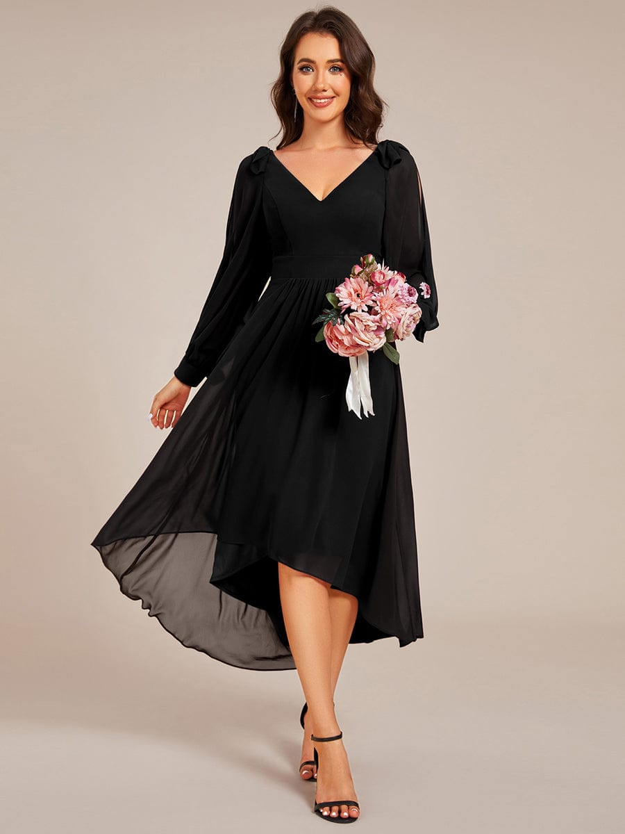 Long Sleeve V-Neck Midi Asymmetrical Hem Chiffon Bridesmaid Dress #color_Black