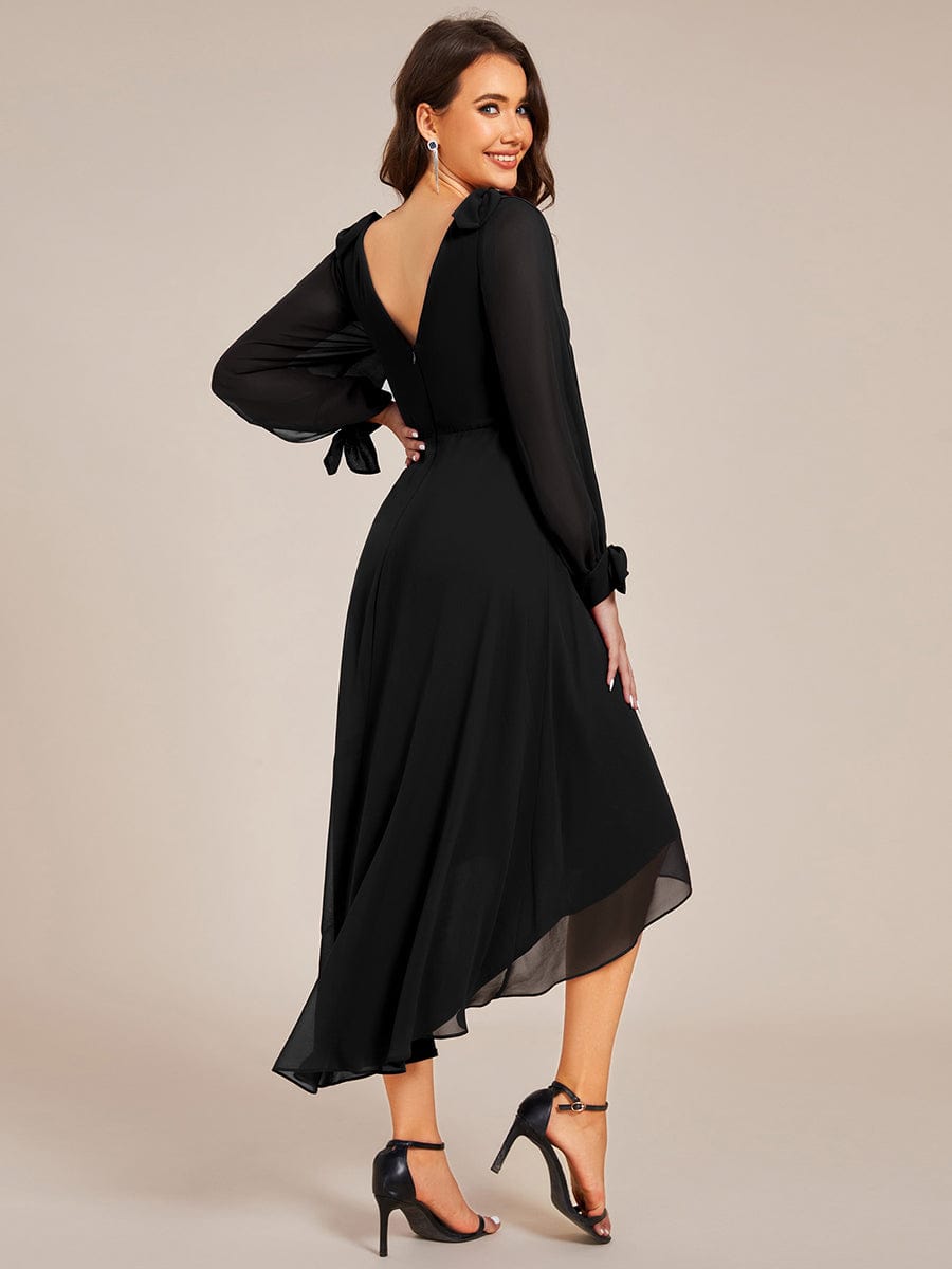 Long Sleeve V-Neck Midi Asymmetrical Hem Chiffon Dress in Black #color_Black