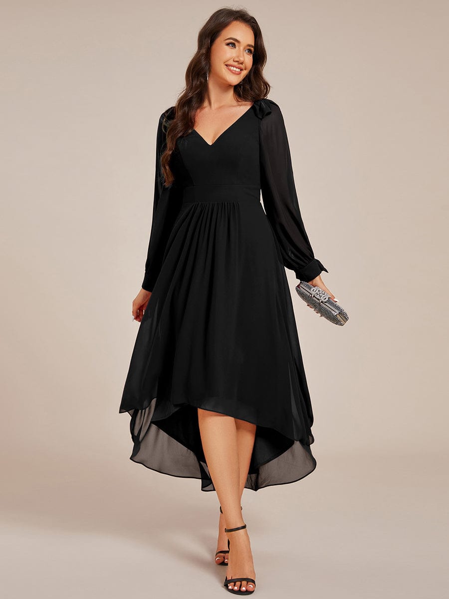 Long Sleeve V-Neck Midi Asymmetrical Hem Chiffon Dress in Black #color_Black