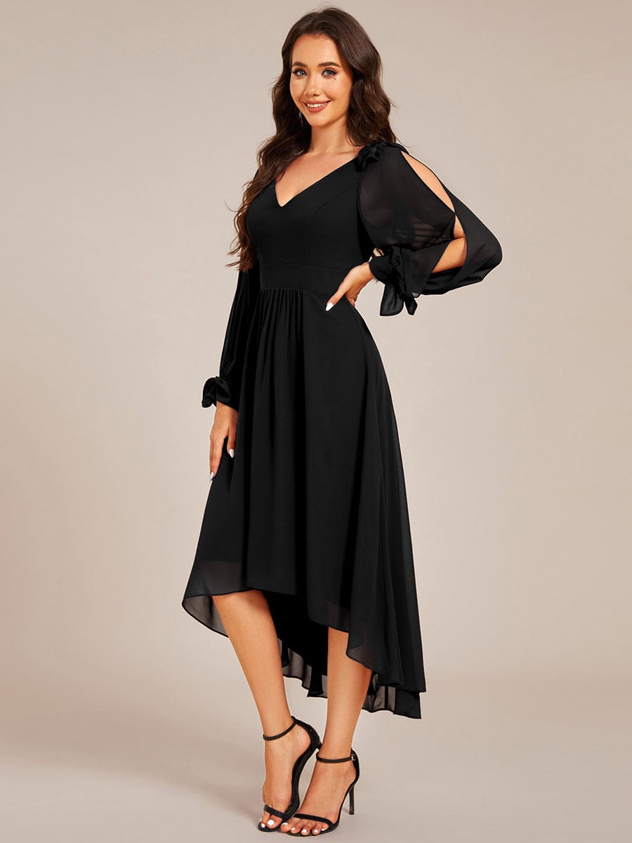 Long Sleeve V-Neck Midi Asymmetrical Hem Chiffon Bridesmaid Dress #color_Black